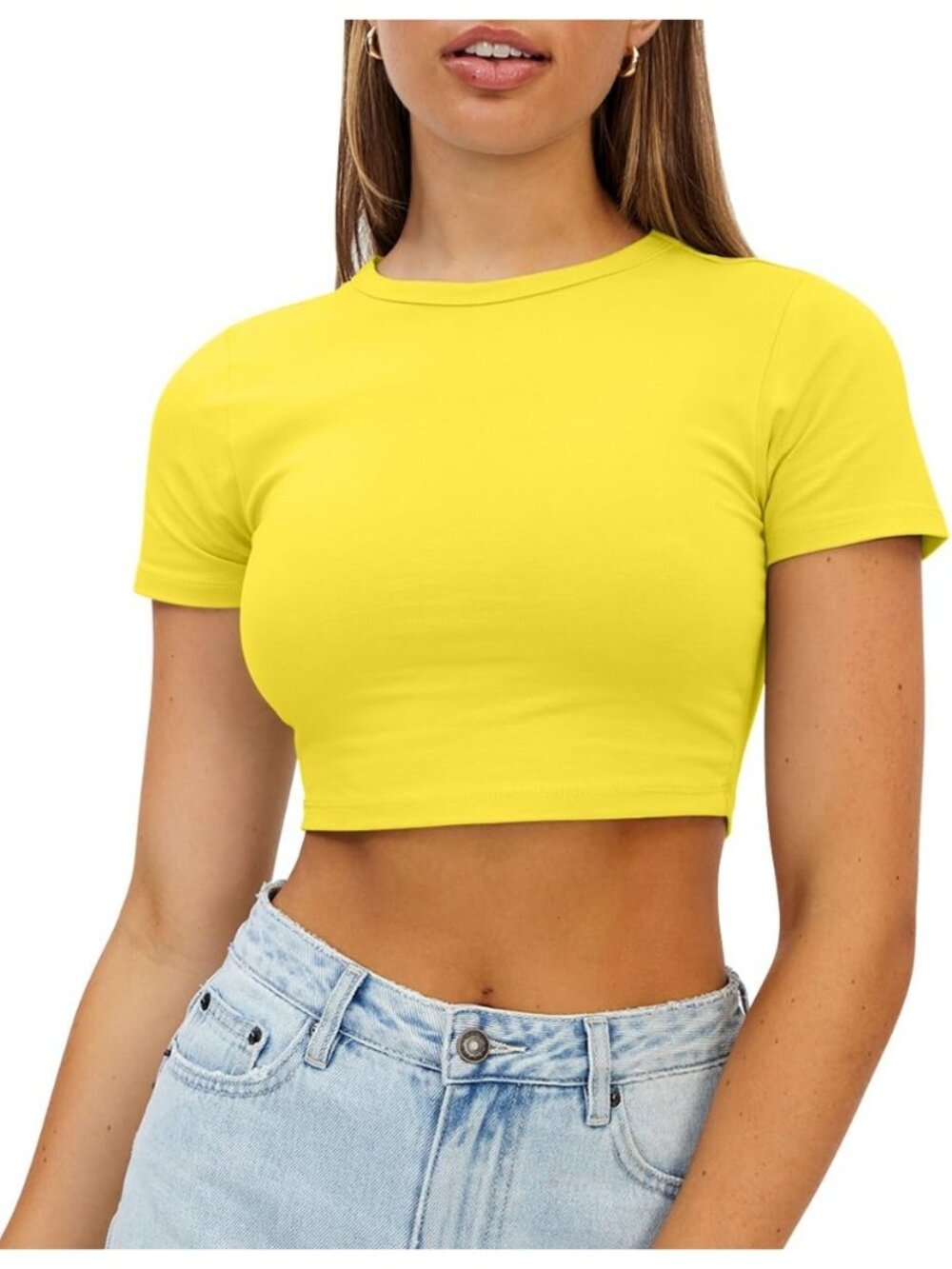 Women's Bright Yellow Crew Neck Basic Slim Fit Trendy Short Sleeve Crop Tops